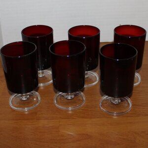Vintage Ruby Red Glass 6 Pc Set Water Goblets France Short Stem Pedestal Glasses